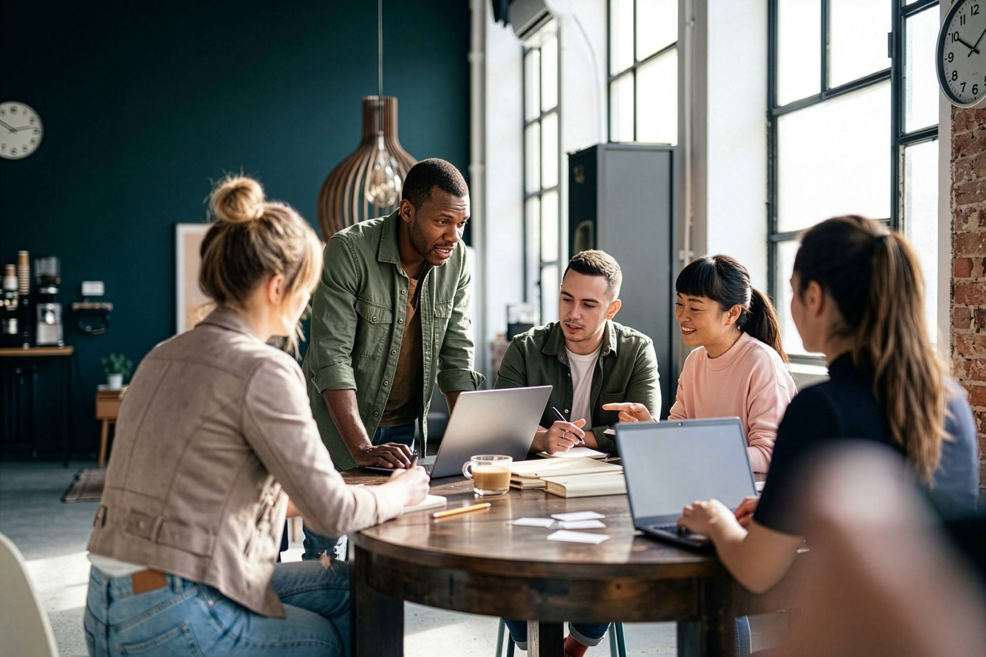 Five colleagues working together around a round table with laptops